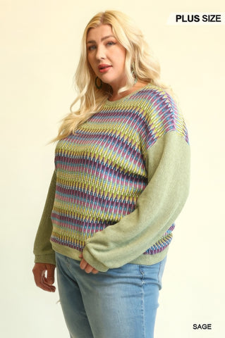 Novelty Knit And Solid Knit Mixed Loose Top With Drop Shoulder