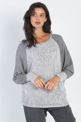  Round Neck Long Sleeve Contrast Top - null - All Female Kind - Trendsi - Hoodies For All Kind - 100100038991993 - 100100038991993