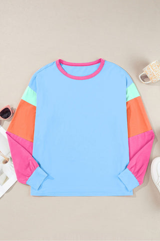 Color Block Round Neck Long Sleeve Top - null - All Female Kind - Trendsi - Hoodies For All Kind - 100100824041607 - 100100824041607