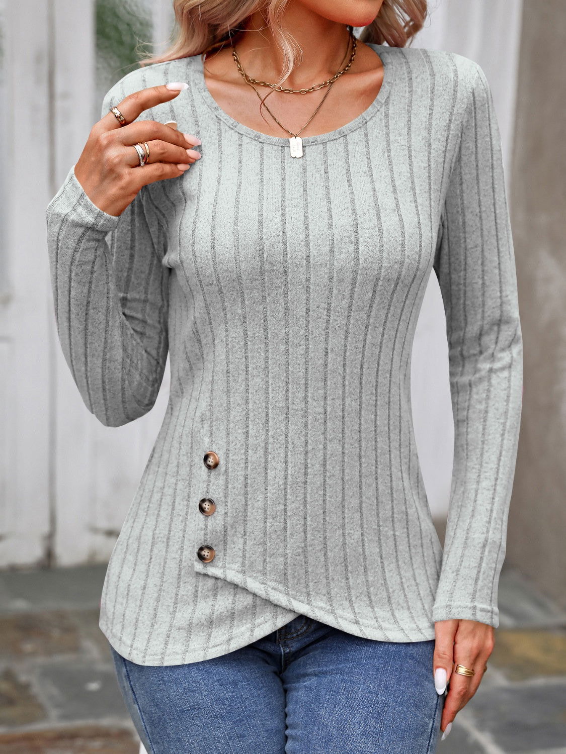 Decorative Button Round Neck Long Sleeve T-Shirt - Decorative Button Round Neck Long Sleeve T-Shirt - Hoodies For All Kind -  - All Female Kind - Trendsi - Hoodies For All Kind - 100100564112083 - 100100564112083