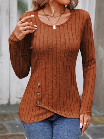 Decorative Button Round Neck Long Sleeve T-Shirt - Decorative Button Round Neck Long Sleeve T-Shirt - Hoodies For All Kind -  - All Female Kind - Trendsi - Hoodies For All Kind - 100100564112083 - 100100564112083