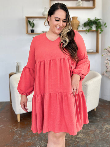  Full Size V-Neck Balloon Sleeve Tiered Dress with Pockets -  Full Size V-Neck Balloon Sleeve Tiered Dress with Pockets - Hoodies For All Kind -  - All Female Kind - Trendsi - Hoodies For All Kind - 100100025832517 - 100100025832517