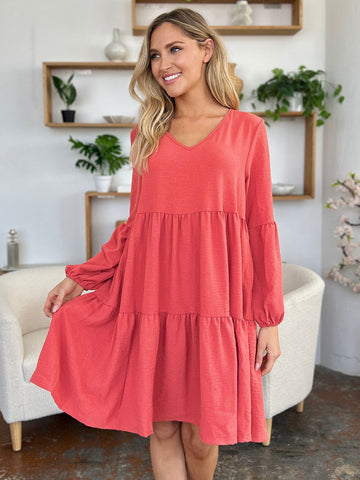  Full Size V-Neck Balloon Sleeve Tiered Dress with Pockets -  Full Size V-Neck Balloon Sleeve Tiered Dress with Pockets - Hoodies For All Kind -  - All Female Kind - Trendsi - Hoodies For All Kind - 100100025832517 - 100100025832517