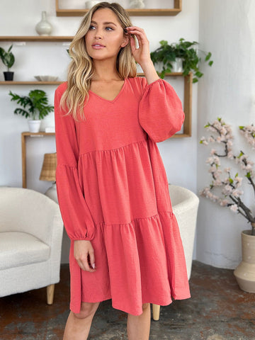  Full Size V-Neck Balloon Sleeve Tiered Dress with Pockets -  Full Size V-Neck Balloon Sleeve Tiered Dress with Pockets - Hoodies For All Kind -  - All Female Kind - Trendsi - Hoodies For All Kind - 100100025832517 - 100100025832517