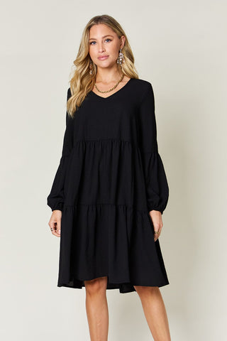  Full Size V-Neck Balloon Sleeve Tiered Dress with Pockets -  Full Size V-Neck Balloon Sleeve Tiered Dress with Pockets - Hoodies For All Kind -  - All Female Kind - Trendsi - Hoodies For All Kind - 100100025832517 - 100100025832517