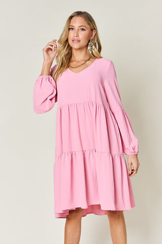  Full Size V-Neck Balloon Sleeve Tiered Dress with Pockets -  Full Size V-Neck Balloon Sleeve Tiered Dress with Pockets - Hoodies For All Kind -  - All Female Kind - Trendsi - Hoodies For All Kind - 100100025832517 - 100100025832517