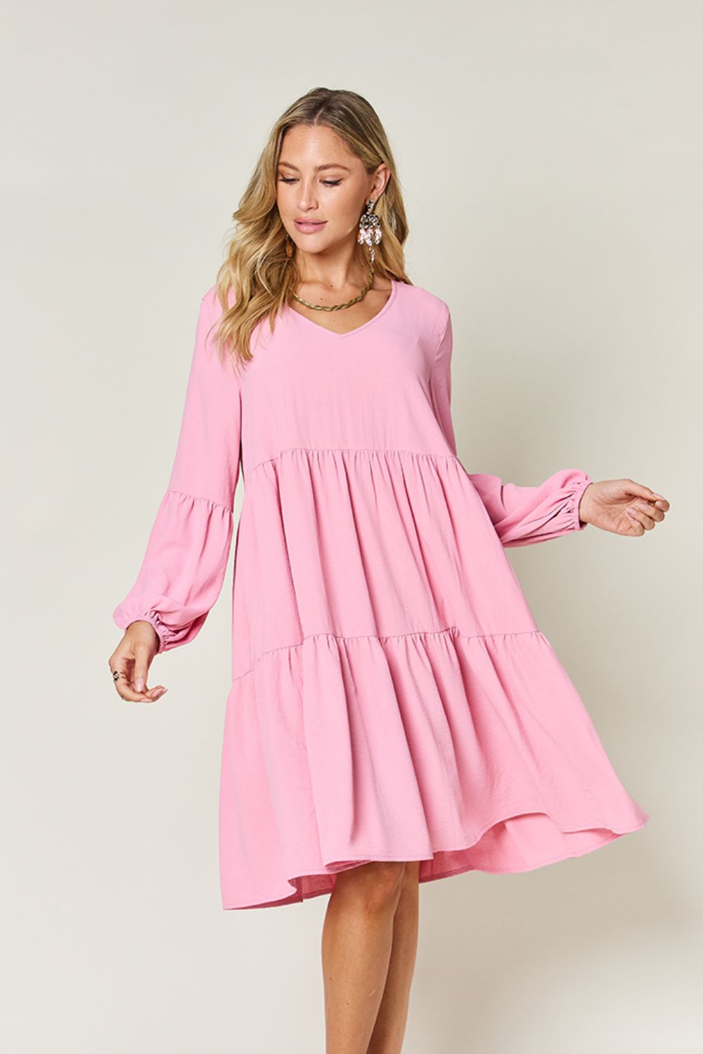  Full Size V-Neck Balloon Sleeve Tiered Dress with Pockets -  Full Size V-Neck Balloon Sleeve Tiered Dress with Pockets - Hoodies For All Kind -  - All Female Kind - Trendsi - Hoodies For All Kind - 100100025832517 - 100100025832517