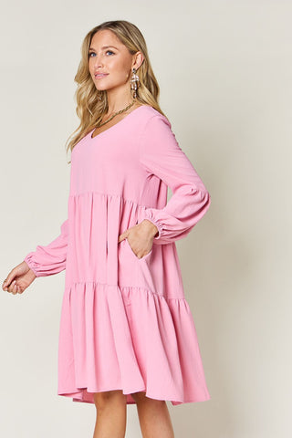  Full Size V-Neck Balloon Sleeve Tiered Dress with Pockets -  Full Size V-Neck Balloon Sleeve Tiered Dress with Pockets - Hoodies For All Kind -  - All Female Kind - Trendsi - Hoodies For All Kind - 100100025832517 - 100100025832517