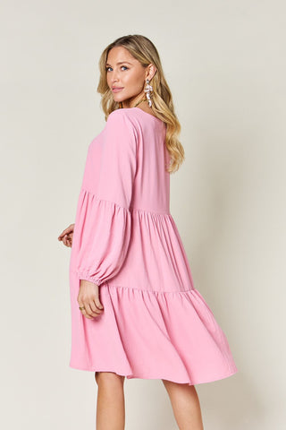  Full Size V-Neck Balloon Sleeve Tiered Dress with Pockets -  Full Size V-Neck Balloon Sleeve Tiered Dress with Pockets - Hoodies For All Kind -  - All Female Kind - Trendsi - Hoodies For All Kind - 100100025832517 - 100100025832517