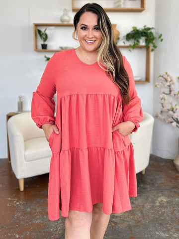  Full Size V-Neck Balloon Sleeve Tiered Dress with Pockets -  Full Size V-Neck Balloon Sleeve Tiered Dress with Pockets - Hoodies For All Kind -  - All Female Kind - Trendsi - Hoodies For All Kind - 100100025832517 - 100100025832517