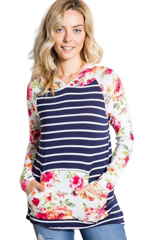 STRIPE FLORAL MIX HOODIE TOP