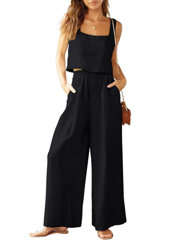 Square Neck Top and Wide Leg Pants Set