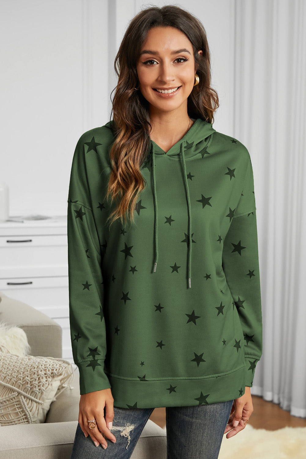 Star Print Drawstring Detail Hoodie - Star Print Drawstring Detail Hoodie - Hoodies For All Kind -  - All Female Kind - Trendsi - Hoodies For All Kind - 100101003989621 - 100101003989621