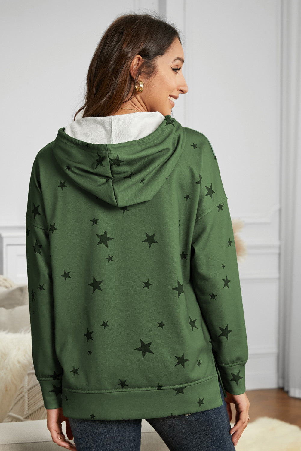 Star Print Drawstring Detail Hoodie - Star Print Drawstring Detail Hoodie - Hoodies For All Kind -  - All Female Kind - Trendsi - Hoodies For All Kind - 100101003989621 - 100101003989621