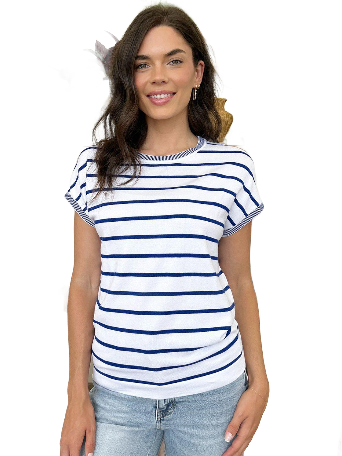 Striped Round Neck Cap Sleeve Knit Top