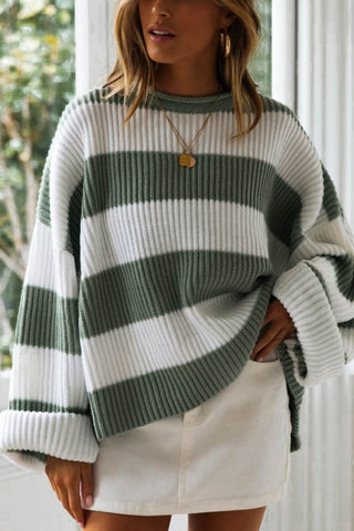 Striped Round Neck Long Sleeve Sweater - null - All Female Kind - Trendsi - Hoodies For All Kind - 100101124896086 - 100101124896086