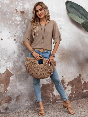 V-Neck Half Sleeve Blouse - null - All Female Kind - Trendsi - Hoodies For All Kind - 100100487486848 - 100100487486848