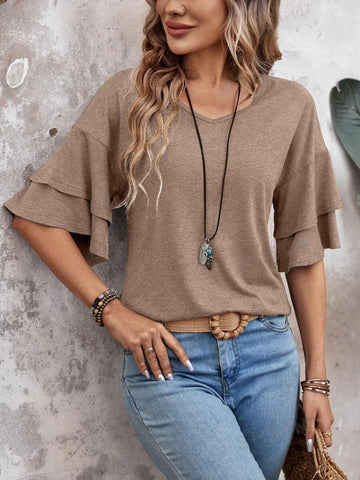 V-Neck Half Sleeve Blouse - null - All Female Kind - Trendsi - Hoodies For All Kind - 100100487486848 - 100100487486848