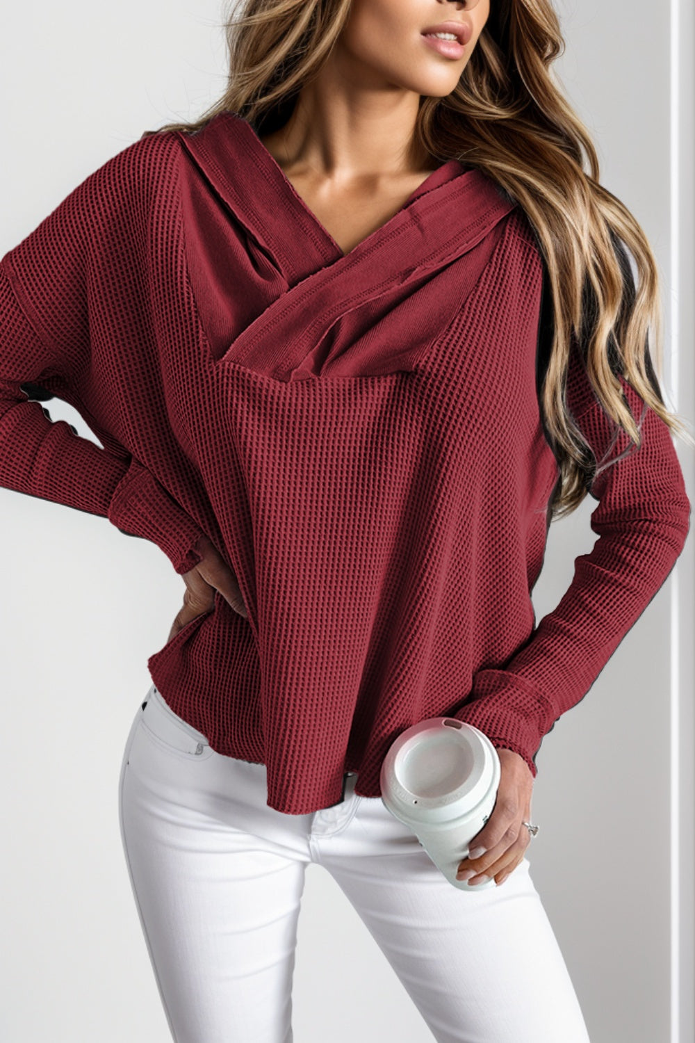 Waffle-Knit Dropped Shoulder Hoodie - Waffle-Knit Dropped Shoulder Hoodie - Hoodies For All Kind -  - All Female Kind - Trendsi - Hoodies For All Kind - 100100385611070 - 100100385611070