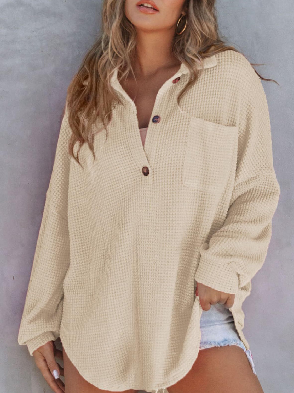 Waffle-Knit Dropped Shoulder Long Sleeve Sweatshirt - Waffle-Knit Dropped Shoulder Long Sleeve Sweatshirt - Hoodies For All Kind -  - All Female Kind - Trendsi - Hoodies For All Kind - 100100045451313 - 100100045451313