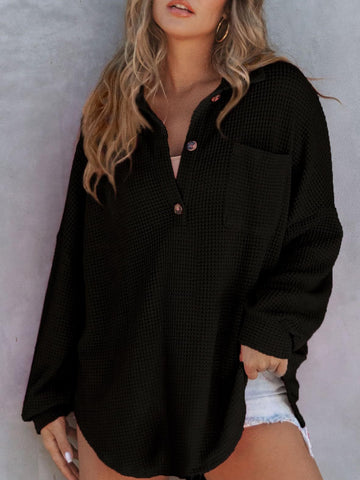 Waffle-Knit Dropped Shoulder Long Sleeve Sweatshirt - Waffle-Knit Dropped Shoulder Long Sleeve Sweatshirt - Hoodies For All Kind -  - All Female Kind - Trendsi - Hoodies For All Kind - 100100045451313 - 100100045451313