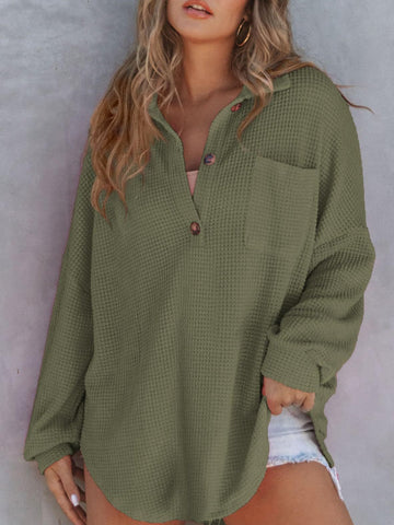 Waffle-Knit Dropped Shoulder Long Sleeve Sweatshirt - Waffle-Knit Dropped Shoulder Long Sleeve Sweatshirt - Hoodies For All Kind -  - All Female Kind - Trendsi - Hoodies For All Kind - 100100045451313 - 100100045451313