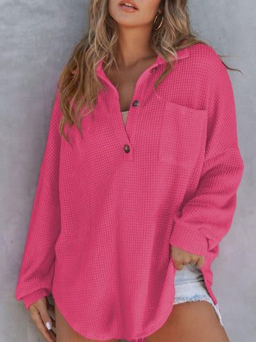 Waffle-Knit Dropped Shoulder Long Sleeve Sweatshirt - Waffle-Knit Dropped Shoulder Long Sleeve Sweatshirt - Hoodies For All Kind -  - All Female Kind - Trendsi - Hoodies For All Kind - 100100045451313 - 100100045451313