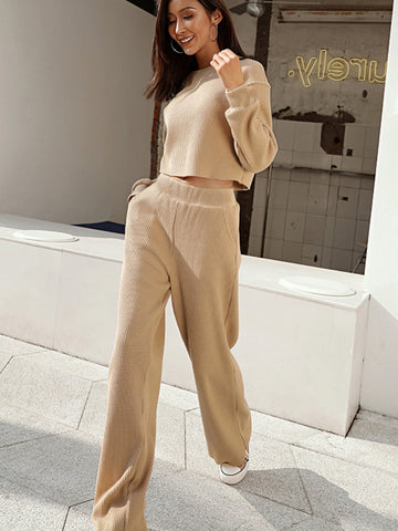 Waffle-Knit Round Neck Top and Pants Set - null - All Female Kind - Trendsi - Hoodies For All Kind - 100100761931480 - 100100761931480