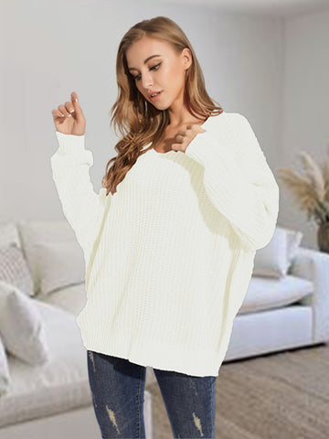 V-Neck Batting Dropped Shoulder Sweater