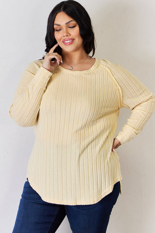 Full Size Ribbed Round Neck Slit T-Shirt