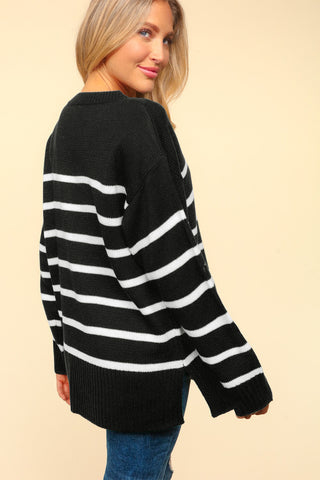 Full Size Striped Contrast Side Slit Sweater