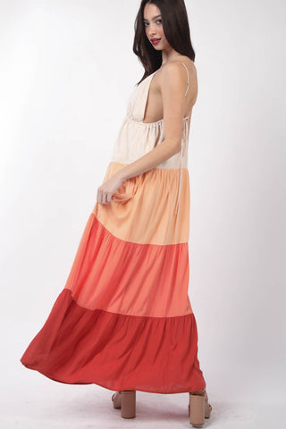 Color Block Tiered Maxi Came Dress