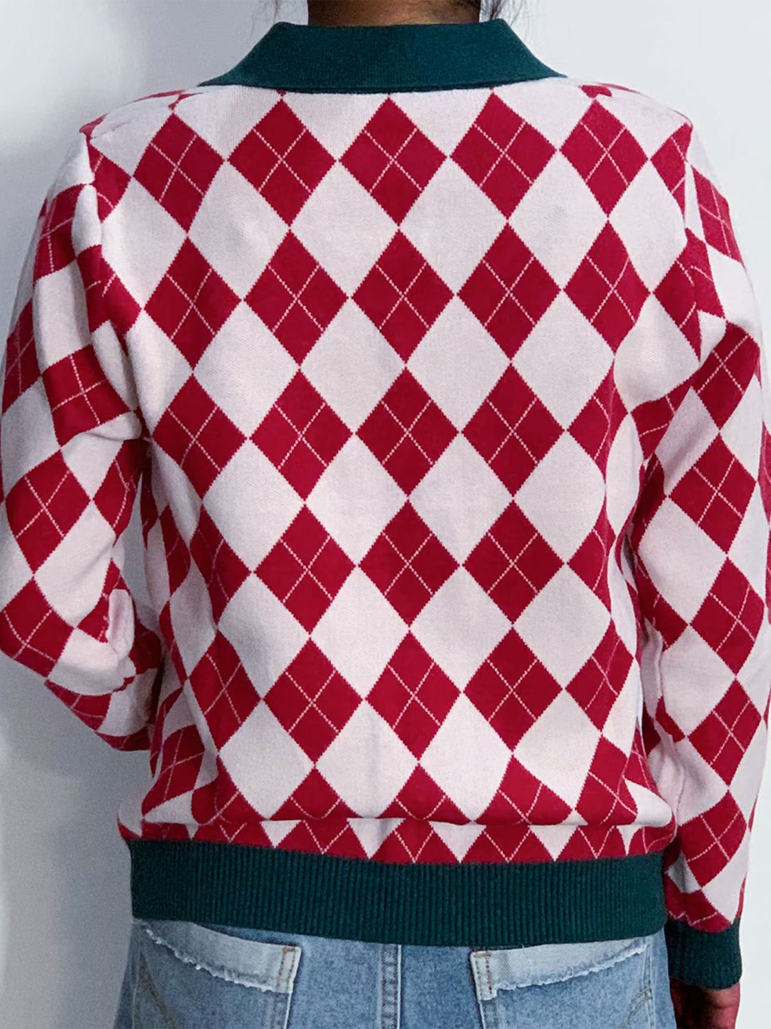 Geometric Johnny Collar Long Sleeve Sweater