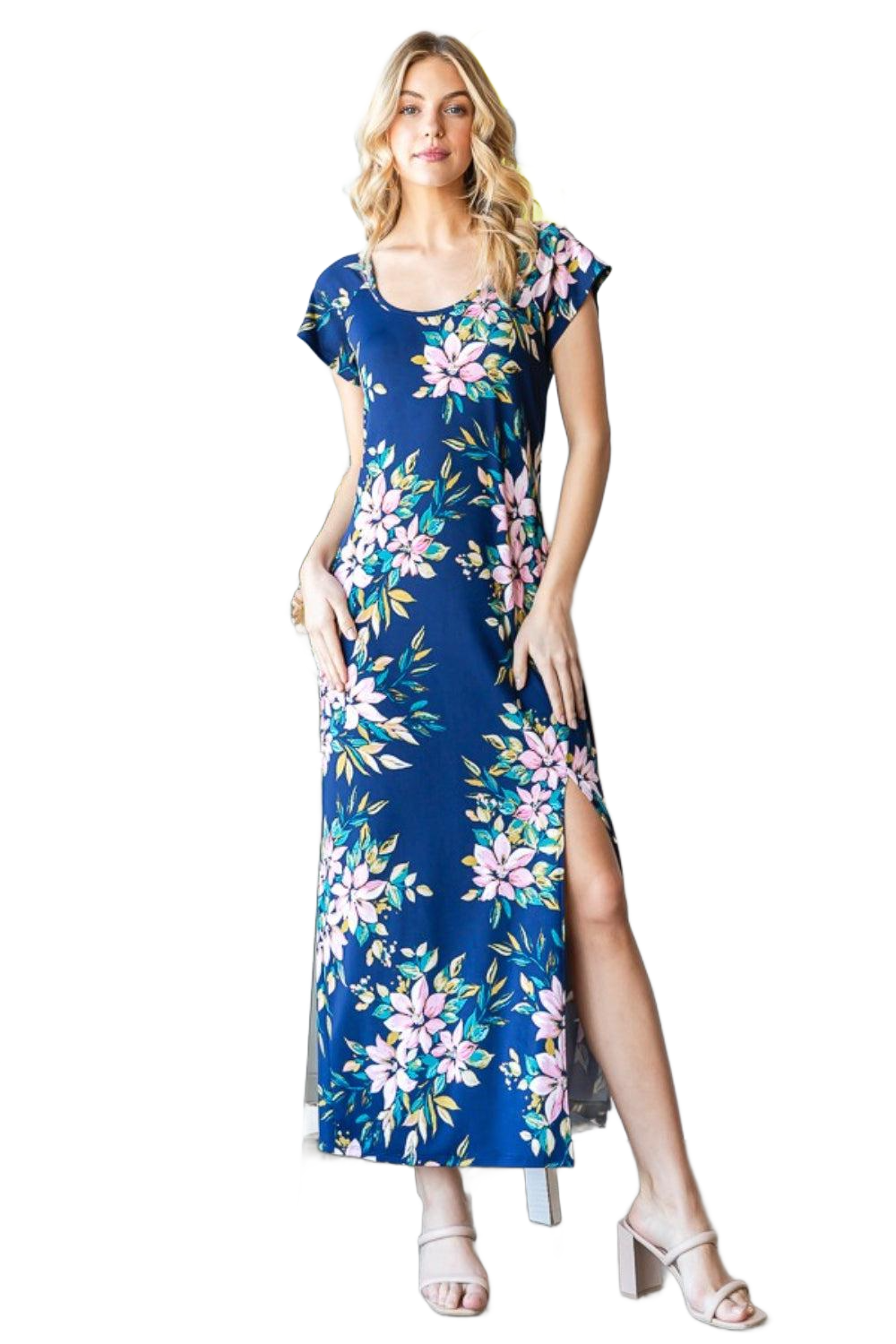 Full Size Floral Short Sleeve Slit Dress