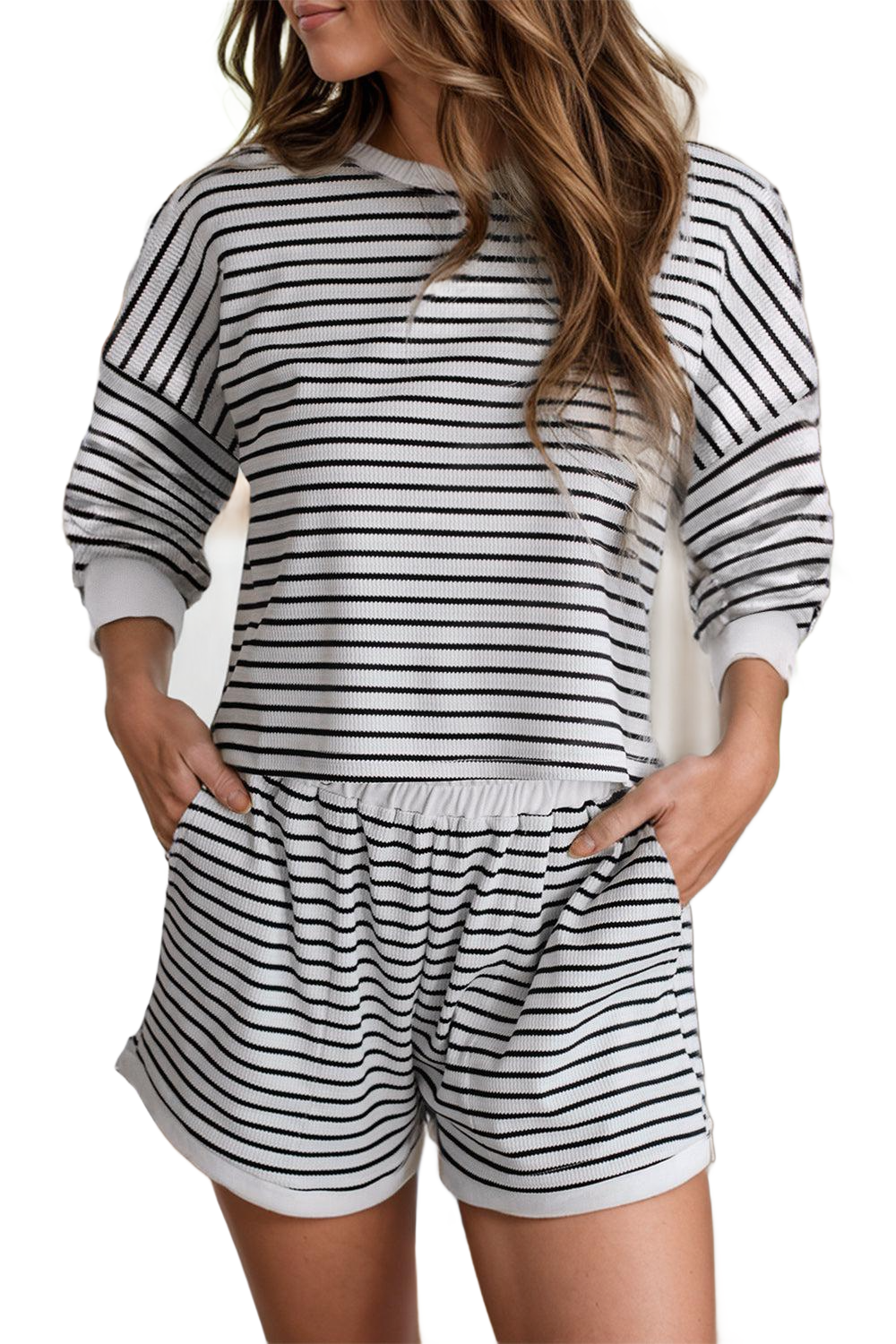 Striped Round Neck Long Sleeve Top and Shorts Set