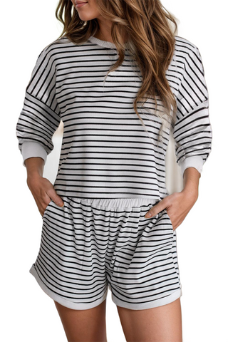 Striped Round Neck Long Sleeve Top and Shorts Set