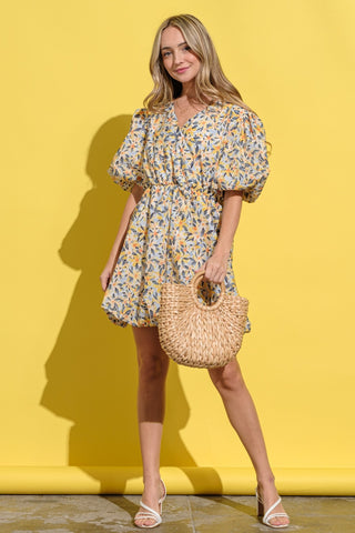 Full Size Floral Surplice Puff Sleeve Dress