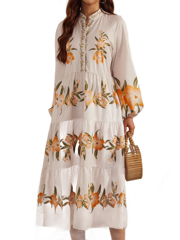 Printed Long Sleeve Midi Dress