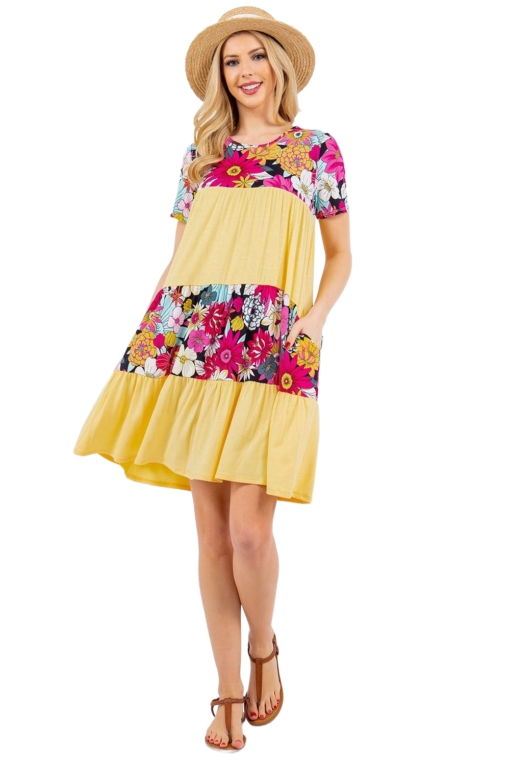 Full Size Color Block Floral Round Neck Short Sleeve Dress