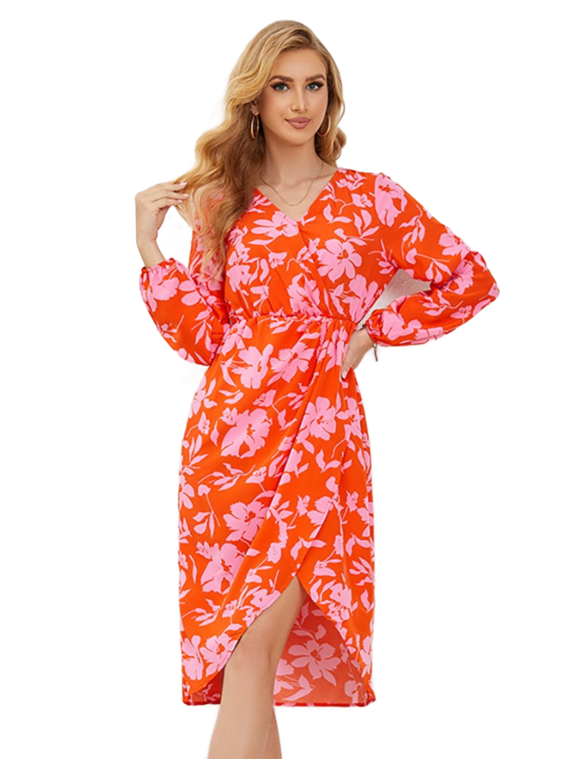 Printed Surplice Long Sleeve Midi Dress