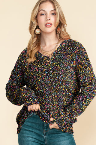 Feathered V-Neck Dropped Shoulder Sweater