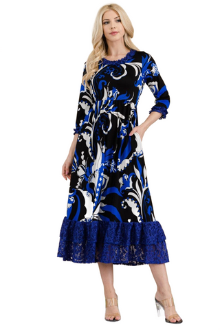 Full Size Paisley Print Lace Ruffled Midi Dress