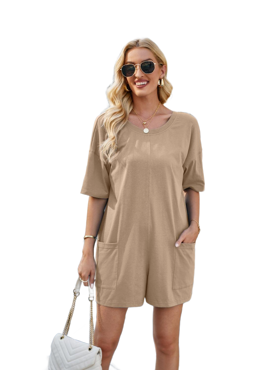 Backless Pocketed Round Neck Half Sleeve Romper