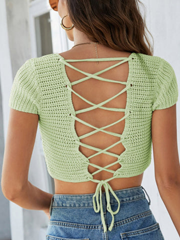 Lace-Up  Square Neck Sweater