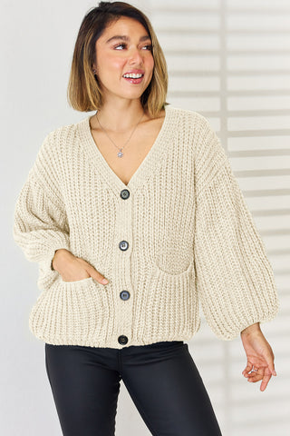 Pocketed Button Up Dropped Shoulder Cardigan