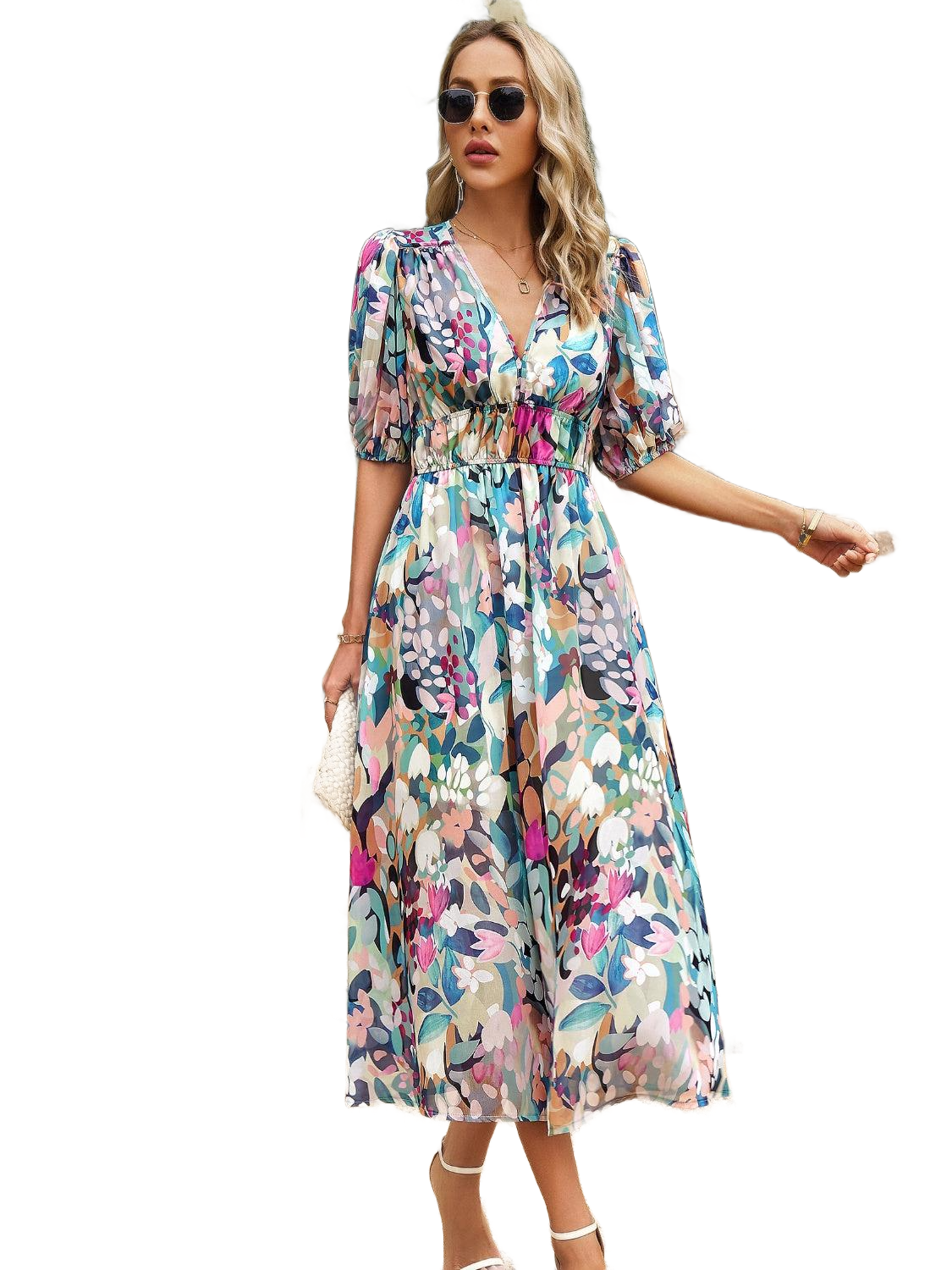 Smocked Printed V-Neck Half Sleeve Midi Dress