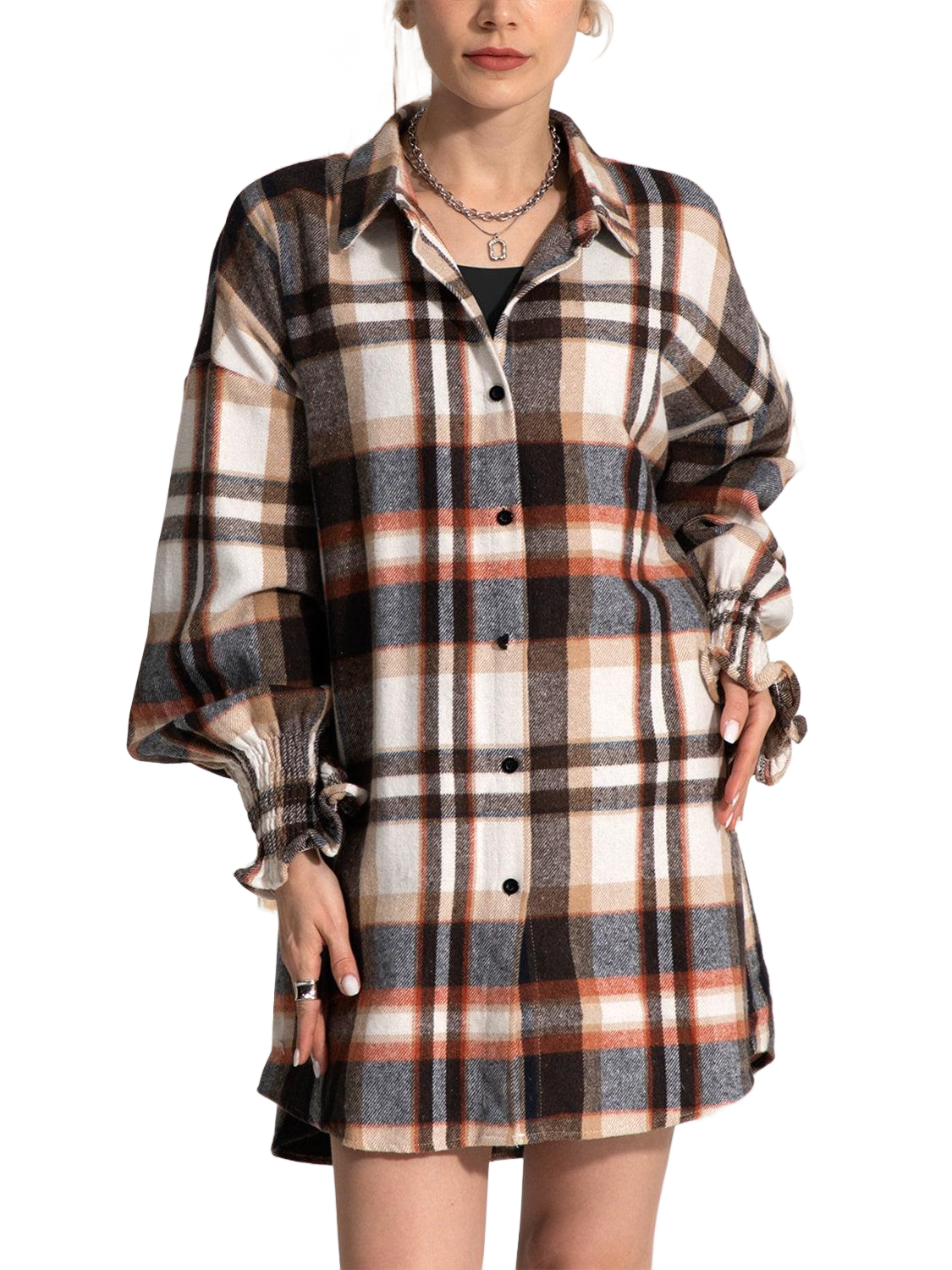 Button Up Plaid Long Sleeve Shirt Dress