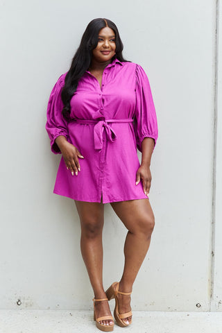 Full Size Half Sleeve Belted Mini Dress in Magenta