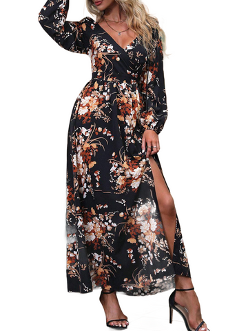 Slit Printed Surplice Long Sleeve Maxi Dress