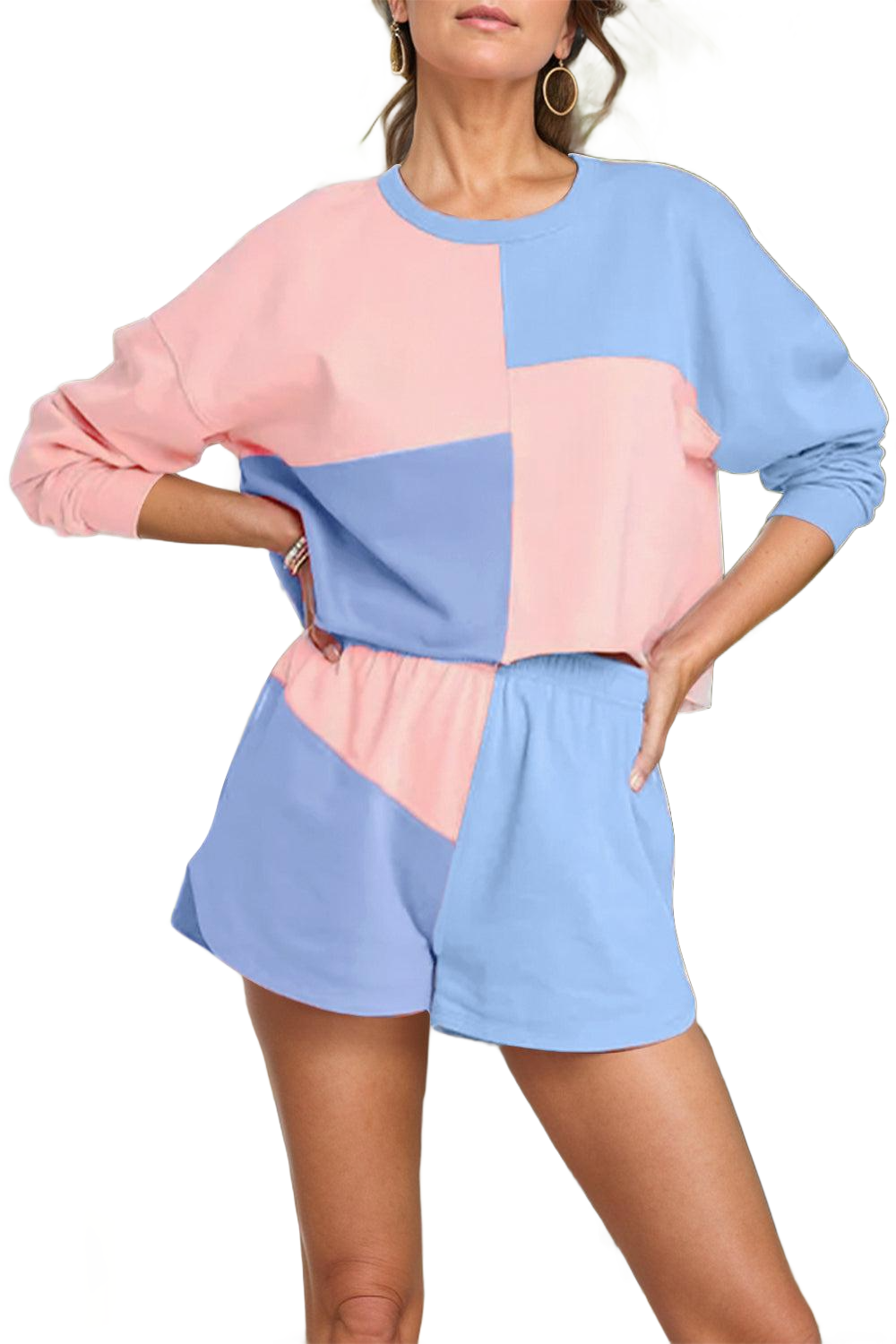 Color Block Round Neck Top and Shorts Set